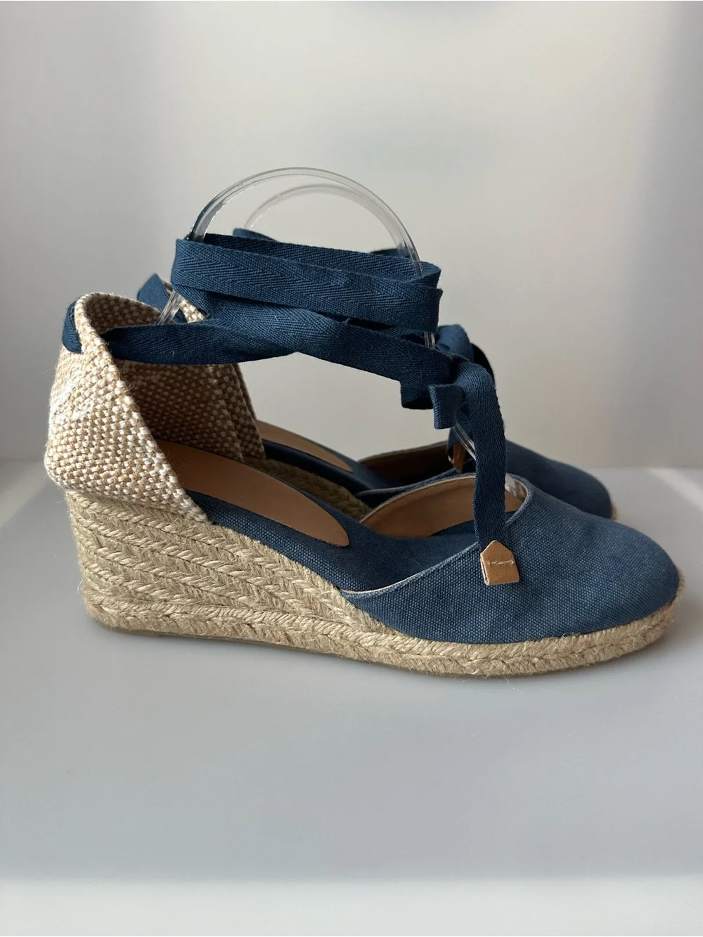 NWT Castaner Carina 6 Denim Blue Lace-Up Espadrille Wedges Size 9